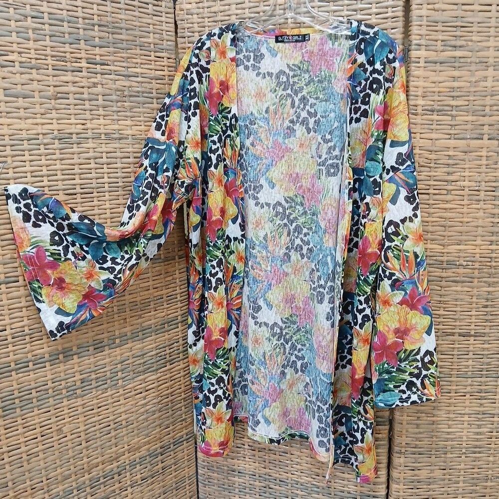 Glitzy Girls Boutique XL Kimono Cover Up Tropical Animal Print Floral Career